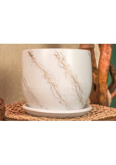 Bitki Tasarımı Beyaz Üzeri Gold Tabaklı Terracota Toprak Saksı Saksılık Salon Çiçeklik 19 Cm