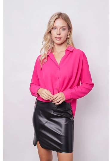 Yakalı Önü Pileli Uzun Kol Likrasız Şık Kumaş Gömlek-Fujya Fujya