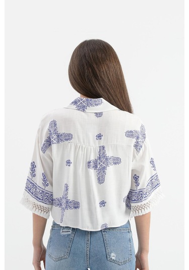 Antik Desenli Kolları Püsküllü Gömlek - Saksmavisi-saksmavisi Saks