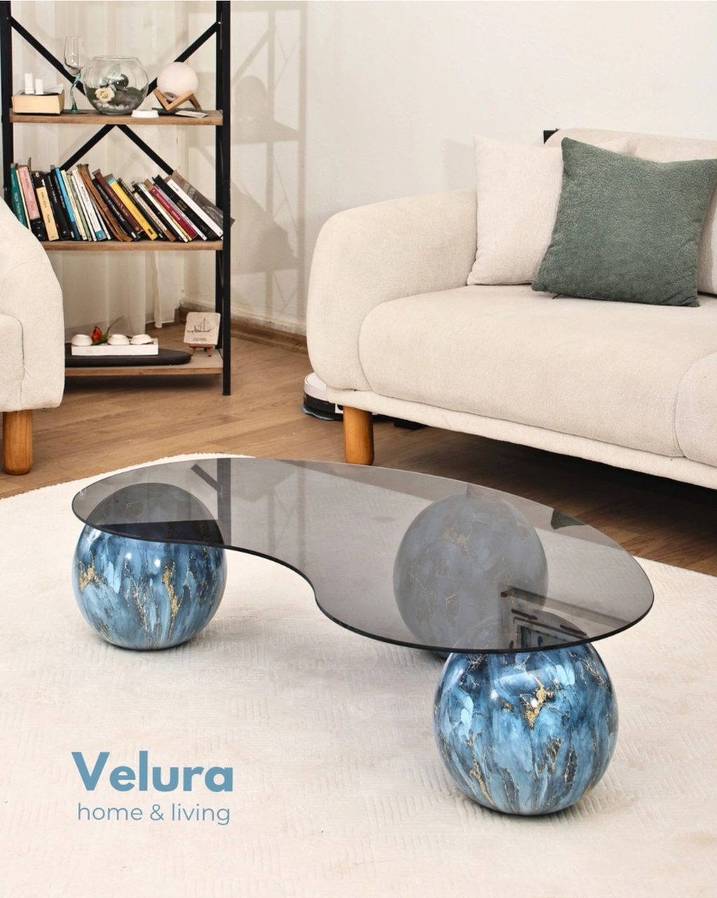 Modern Orta Sehpa & Küre Sehpa & Top Sehpa & Füme Fasulye Cam & Sky Mavi