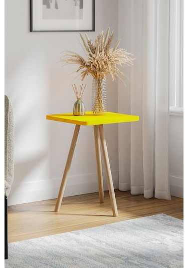 İntergo Kare Tasarımlı Ahşap Ayaklı Tekli Zigon Sehpa Sarı