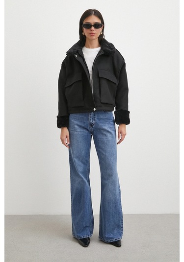 Apoletli Yünlü Körük Cepli Kaşe Mont Siyah Siyah