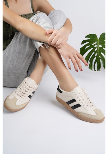 Muggo Gordon Unisex Ortopedik Günlük Garantili Bağcıklı Yürüyüş Koşu Sneaker Spor Ayakkabı Bej