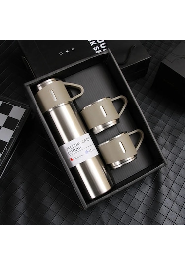 Dekorasyaa Paslanmaz Çelik 3 Bardaklı Termos 500 Ml - Metal Renk - Çanta Hediyeli - 12 Saat Sıcak Soğuk Metalik