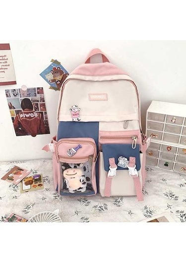 Cordial Japon Tarzı Şeffaf Sırt Çantası - Pembe Sevimli Okul Çantası, Asılı Süs Ve Çıkartmalı Çok Renkli Çok Renkli