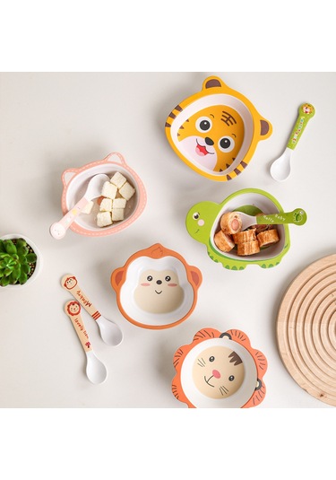 Maiyame Bebekler İçin Bambü Lifli Yeme Öğrenme Seti - Yumuşak Kasa Ve Çatal, Güvenli Ve Kullanıma Kolay, Sevimli Kartoon Desenli Çok Renkli