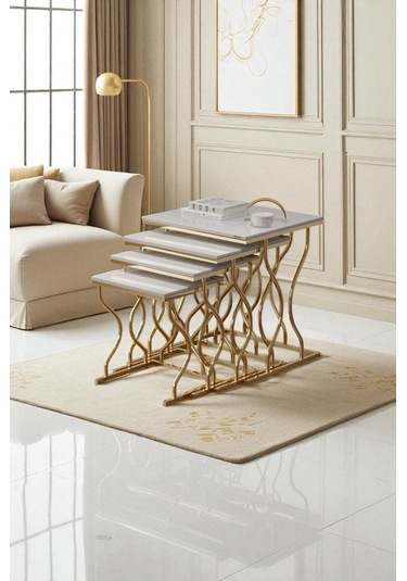 Arden Elite 4'lü Kare Zigon Sehpa Seti Gold Ayak, Krem Mdf Beyaz