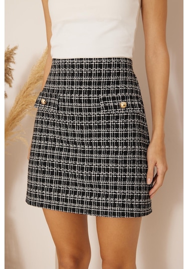 Darlin Moda Siyah Düğme Detaylı Tweed Mini Etek Dm2013 Siyah