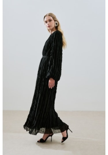 Piliseli Şifon Elbise Siyah Siyah