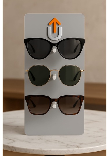 Upeka 3'lü Pleksi Modern Mağaza Ofis Ev Masaüstü Gözlük Standı Gri Renk 35cm Açık Gri