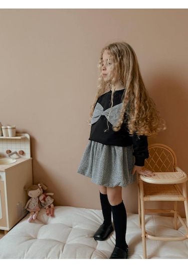 Kız Çocuk Fiyonk Modelli Simli Etekli Takım Siyah
