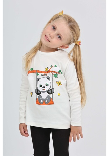 Toontoy Kız Çocuk Sallanan Panda Baskılı Sweatshirt Ekru
