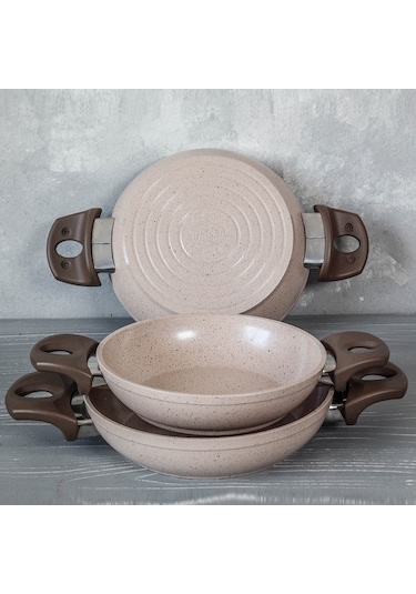 Gülsan Safran 3 Parça Granit Sahan Seti Tava Set 18 CM - 20 CM - 22 CM Krem