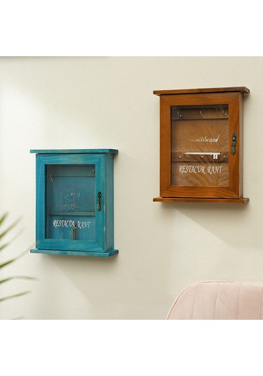 Reedark Gömlek Ahşap Anahtar Saklama Kutusu - Kuzey Avrupa Stili, Cam Kapaklı, Duvar Tipi Organizer Mavi, Çivi Hariç