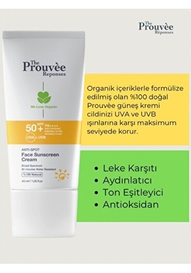 The Prouvee Reponses Leke Karşıtı Yüz Güneş Kremi SPF50+ 40 ML