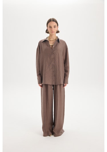 Mai Collection Mai Studios Co. Yovena Düğme Detay Kahve Oversize Gömlek Kahve