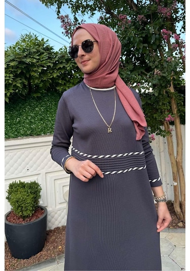 Rabia Şamlı Samanyolu Antrasit Triko Elbise Normal