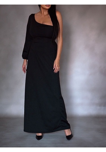 Tek Omuz Açık Derin Yırtmaçlı Krep Tam Boy Elbise Bediva 001