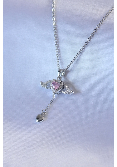 316l Çelik Gümüş Renk Kanatlı Kalp Figür Zirkon Taş Detay Kadın Kolye Gümüş