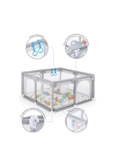 Playard Güvenli Bebek Ve Çocuk Oyun Alanı Oyun Parkı 120x120 Oyun Matı Topları Ve Yataklı Açık Gri