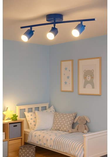 Spoti 3'lü Mavi Renk Gün Işığı Modern Tasarım Salon - Mutfak - Banyo Spot Ledli Sıralı Avize Mavi