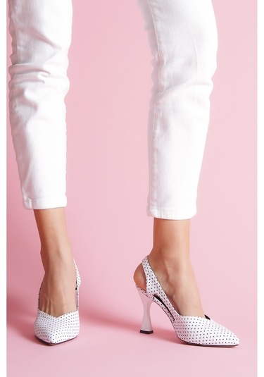 Duck Beyaz Puantiyeli Yanları Açık Topuklu Ayakkabı