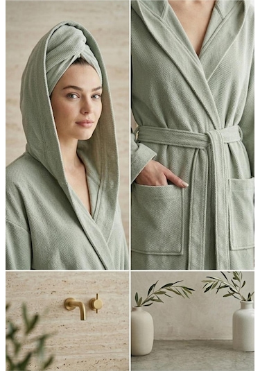 Soft Comfort Lacost Örgü Unisex Kapüşonlu Bornoz Yeşil