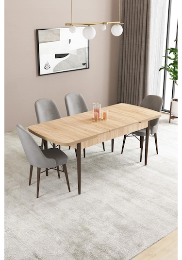 Sar Pakete Almira Serisi, Meşe Desen 80x132 Açılabilir Mdf Mutfak Masası Takımı 4 Adet Sandalye Gri