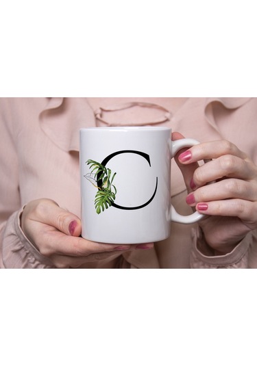 C Harf Zarif Yaprak Desenli Kupa Bardak - Naturel Sade Alfabe Harfli Bardak - Kişiye Özel Hediye Beyaz