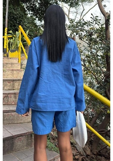 Gömlek Ve Şort Flamlı Keten Takım 10130 Mavi