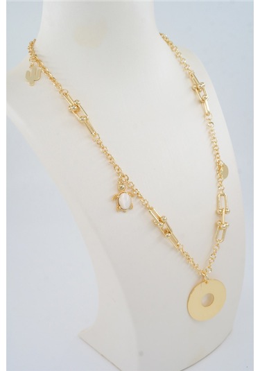 Kadın Özel Tasarım Taşlı Kaplunbağa Figürlü 60 cm Kolye - ALTIN