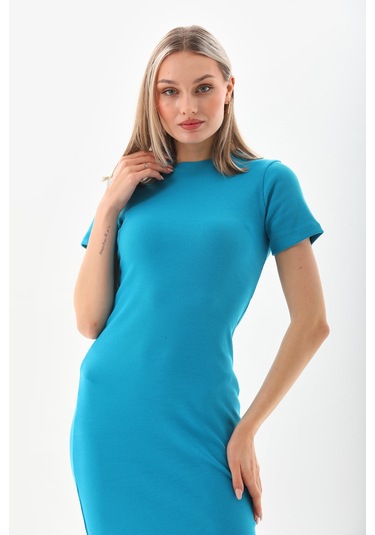 Turkuaz Kısa Kollu Diz Altı Fitilli Esnek Kalem Elbise  130 CM Turkuaz