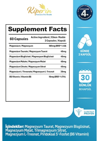 Kiperin 5x Çoklu Magnezyum Taurat, Bisglisinat, Malat, Sitrat, L-treonat 60kapsül Akıllı Gıda Takviyesi