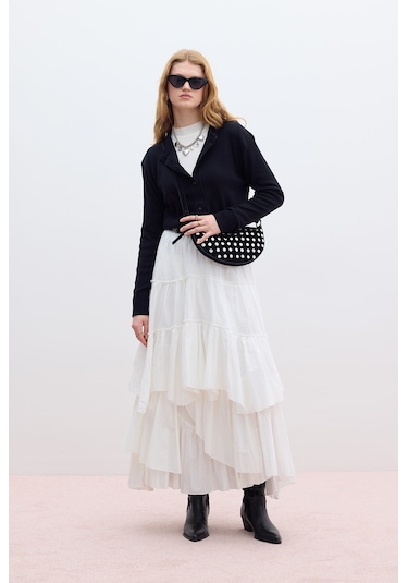 Katlı Boho Vual Etek Ekru Ekru