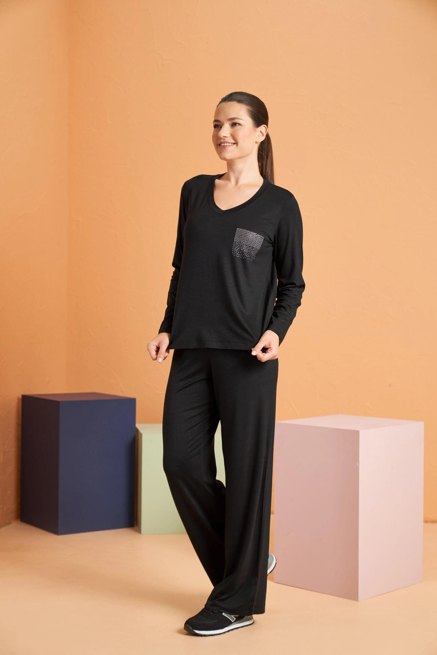 Pjs Kadın V Yaka Likralı Viskon Kumaş Uzun Kollu Eşofman Takım Siyah