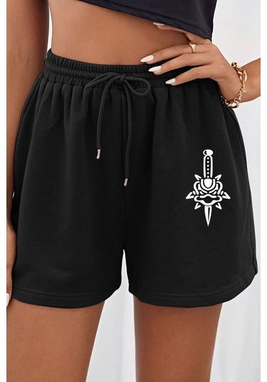 Tasarım Baskılı Pamuk Penye Short Siyah