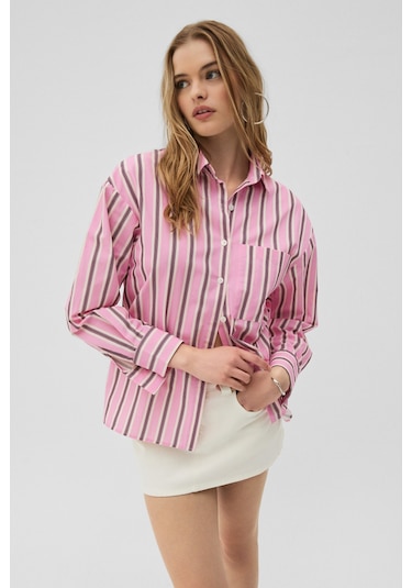 Grimelange Grımelange Mırel Kadın Oversize Fit %100 Organik Pamuklu Pembe Çizgili Gömlek