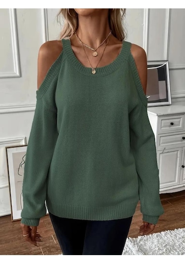 Kadın Uzun Kollu Omuzlardan Açık Askılı Yuvarlak Yaka Triko Bluz Yeşil