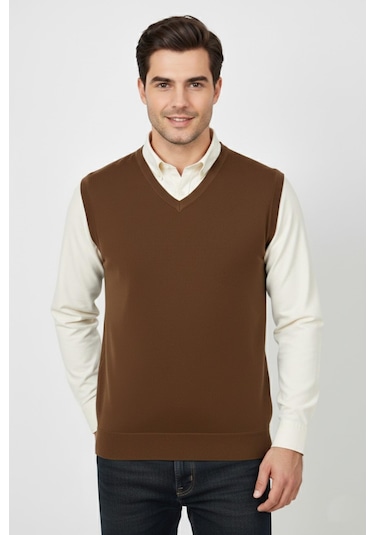 Erkek V Yaka Süveter Çelik Örgü Regular Kalıp Bgl-st04839 Taba