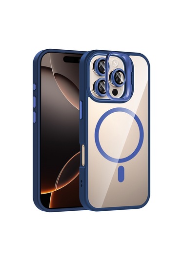 Mobilefix Iphone Uyumlu 16 Pro Max Kılıf Standlı Ve Kamera Lens Hediyeli M-safe Şarj Özellikli Kisamarka Lacivert