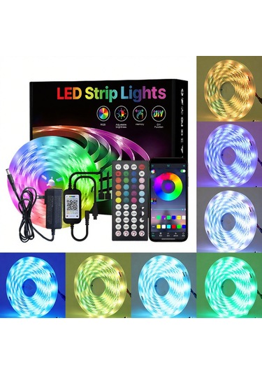 Ximistore9 15m Rgb Led Işık Şeridi, Müzik Senkronu Renk Değiştirme, Bluetooth Uygulama+kumanda Kontrolü, Ev Dekorasyonu Işıklı Şerit Renk