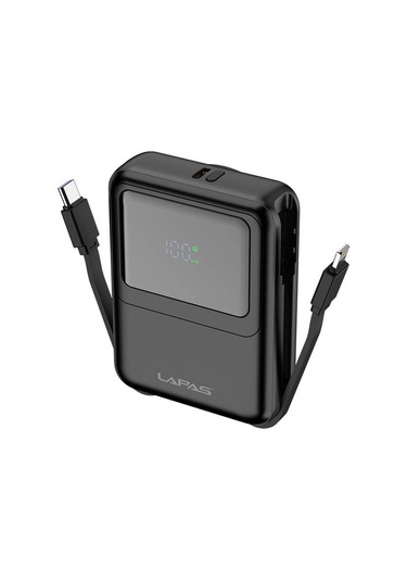 10000 Mah Kablosuz Powerbank Dijital Led Ekranlı, Type-c & Lightning Kabloları, Güçlü 15w Hızlı Şarj Siyah