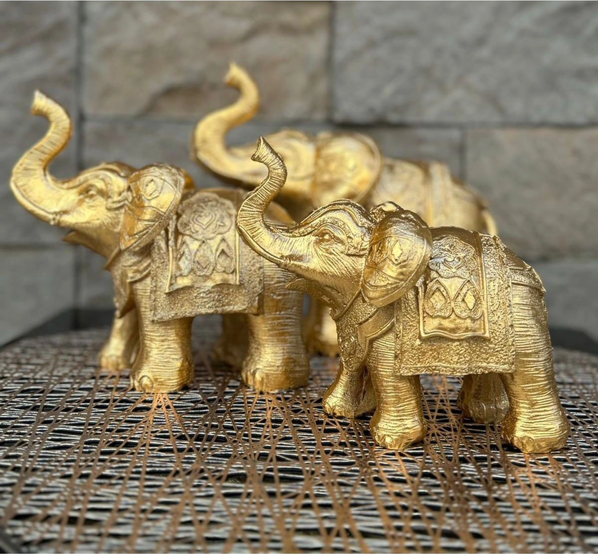 Dekoratif Polyester Üçlü Fil Biblo Gold