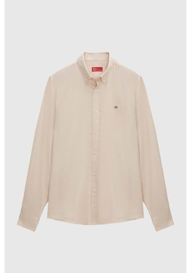 Ds Damat Slim Fit Bej Oxford Düğmeli Yaka Kolay Ütülenebilir Nakış Detaylı Pamuklu Gömlek 4HC02ORT03265 Bej