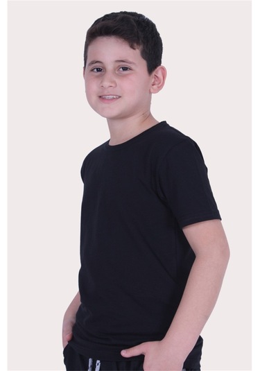 Basic Bisiklet Yaka %100 Pamuk Likralı Düz Unisex Çocuk T-shirt SIYAH