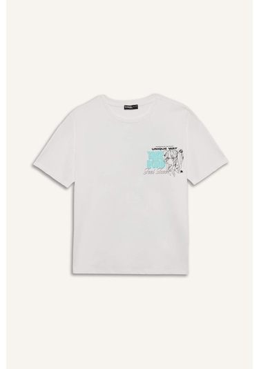 DeFacto Coool Oversize Geniş Kalıp Bisiklet Yaka Baskılı Kısa Kollu Tişört F2241AX25SMWT32