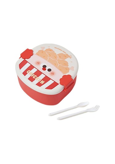 Kızarmış Tavuk Şeklinde Çocuklar İçin Taşınabilir Kapaklı Çatal Kaşık 3 Bölmeli Öğle Yemeği Kutusu Kırmızı