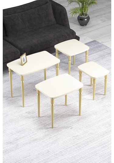 Imaj Mdf Ve Lake Boya, Krem 4lü Zigon Sehpa Takımı, Doğal Vernikli Gürgen Ayaklar Sehpalar Krem Ayaklar Gold