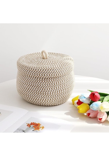 Mutfak, Banyo Ve Ev İçin Halat Hasır Sepet 17x21 Cm Kapaklı Saklama Sepeti Honeypot Bej - Kırçıl