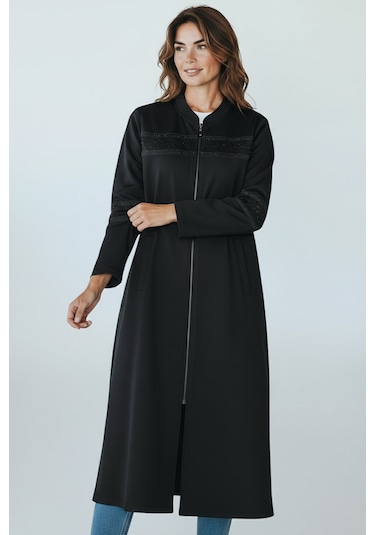 Kadın Önü Fermuarlı Desenli Cepli Mevsimlik Kap Siyah